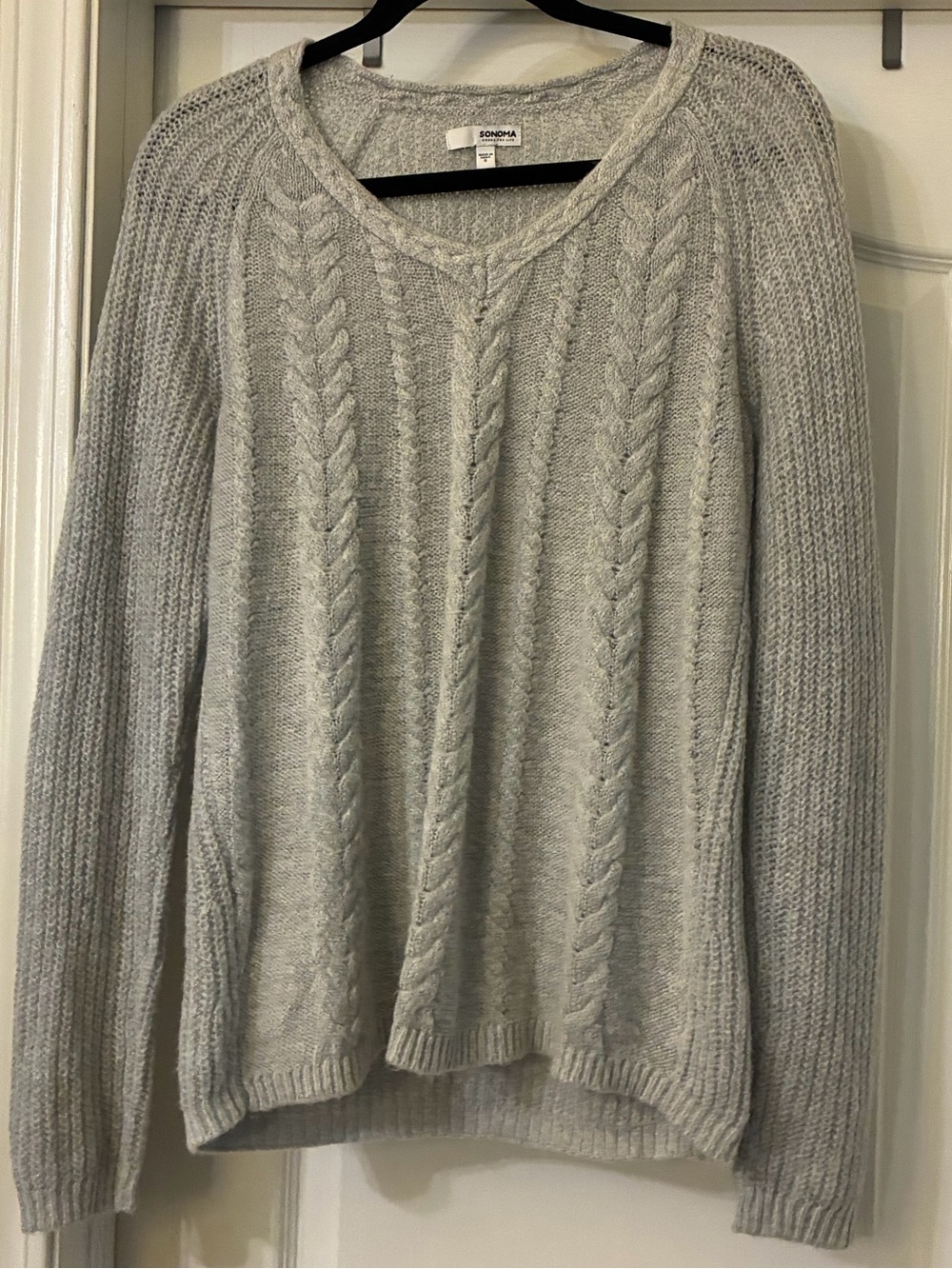 Sonoma Goods For Life Adult Sm Light Gray Chevron Cable Knit V-Neck Sweater